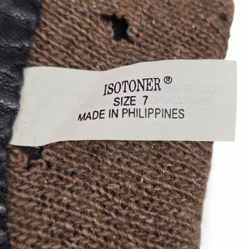 Vtg Isotoner Ladies Black Leather and Brown Cashmere Knit Gloves Size 7 Sm/Med**